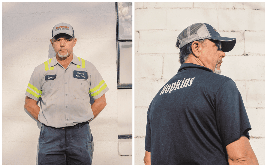 Portrait of  man in a gray and yellow shirt wearing a cap, portrait of a man wearing a cap and a black shirt with "hopkins" the back