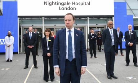 Then health secretary Matt Hancock (centre, front) at the opening of the NHS Nightingale hospital at the ExCel centre in London in April 2020.