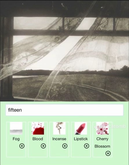 A black and white image of a field seen through a window and below it a computer program task bar showing the word fifteen and icons for food, blood, incense, lipstick and cherry