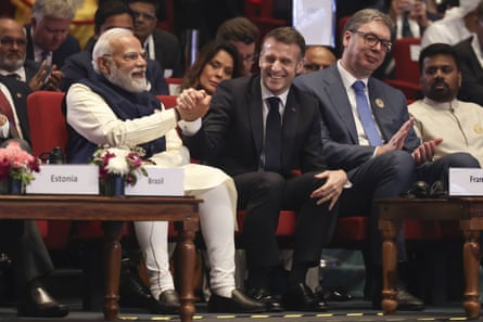 Narendra Modi with Emmanuel Macron in the audience at the AI Impact summit.