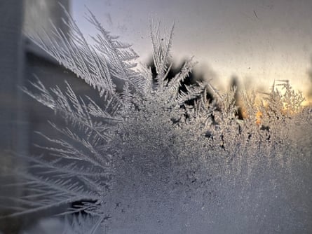 Ice crystals form inside a window in Lowville, New York