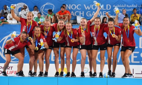 The Danish women’s beach handball team celebrate after winning gold at the 1st ANOC World Beach Games in Doha in 2019.