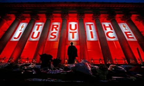 St George’s Hall in Liverpool illuminated following a service to mark the outcome of the Hillsborough inquest