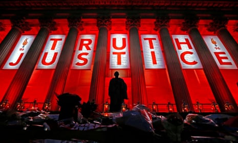 St George’s Hall in Liverpool lit up after the inquest verdict was delivered