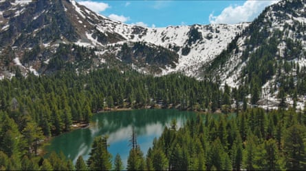 Mountain lake with snow mountains and green forest