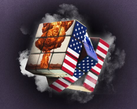 A Rubik's cube with faces showing an explosion and American flags appears twisted apart, surrounded by smoke