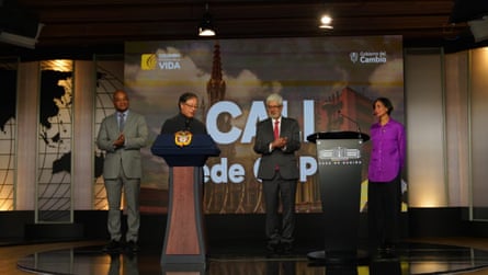 The Colombian president, Gustavo Petro, standing at a podium. 
