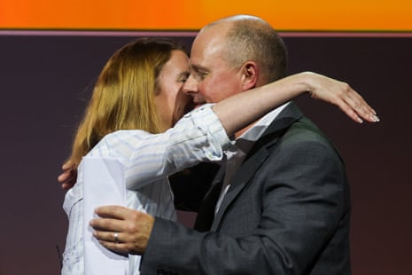 Louise Haigh embracing Paul Nowak.