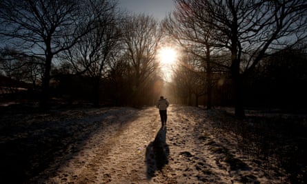 Snowy walk in Rivington at sunset.