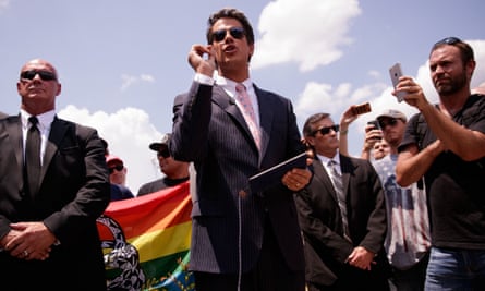 Milo Yiannopoulos, centre, at a press conference following the Orlando terror attack last June.