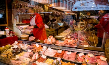 A meat stall at a Christmas market in Frankfurt
