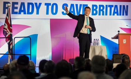 Richard Tice on stage at Doncaster. The party’s programmes says its policies can “save Britain”.