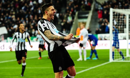 Joselu celebrates after scoring the opening goal for Newcastle with just four minutes gone.