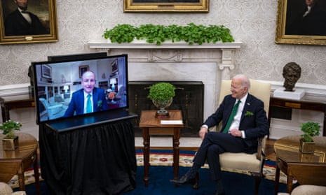In the green room: Joe Biden (R) and Ireland’s Prime Minister Micheal Martin (L) meet virtually in the Oval Office of the White House in meeting marking St Patrick’s Day.