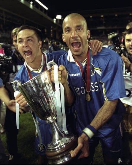Gianluca Vialli as player-manager of Chelsea with his captain Dennis Wise in 1998, after the European Cup Winners’ Cup final against VfB Stuttgart in Stockholm, Sweden.