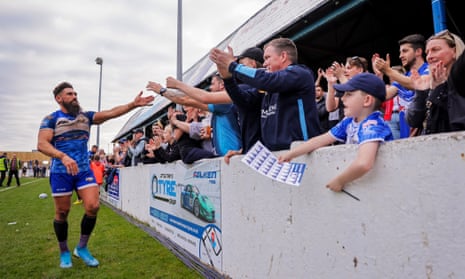 Barrow player Jarrod Sammut greets the fans after their match against Huddersfield Giants.