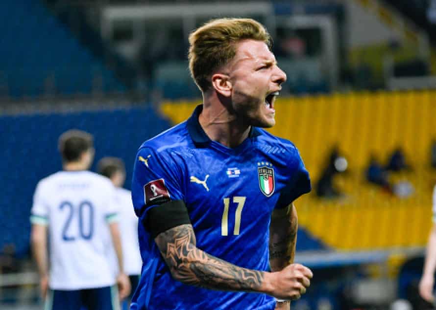 Ciro Immobile celebrates scoring Italy’s second goal against Northern ireland.