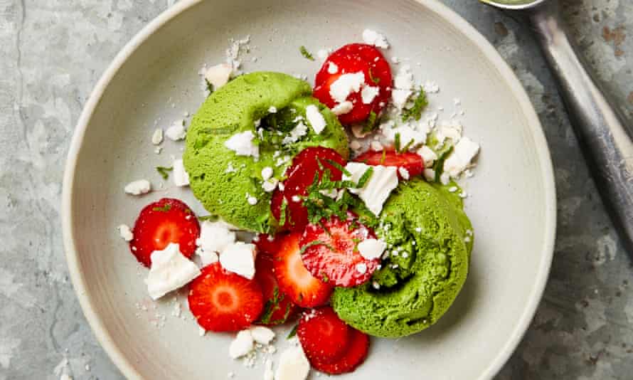 Yotam Ottolenghi’s sorrel ice-cream with strawberries and meringue.