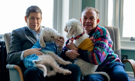 Alistair Dixon. left, and Robert Stone, with their Bedlington terriers Ptolemy and Leila, in the lounge of the Bay Tree Hotel