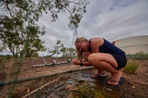 Drops of water from a leaking pipe cool Guli down after her third marathon along the Oodnadatta Track.