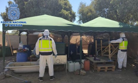 Photograph supplied by Spain's Policía Nacional of a South American-style outdoor cocaine laboratory found on a farm near Madrid. Photograph supplied by Spain's Policía Nacional of a South American-style outdoor cocaine laboratory found on a farm near Madrid.