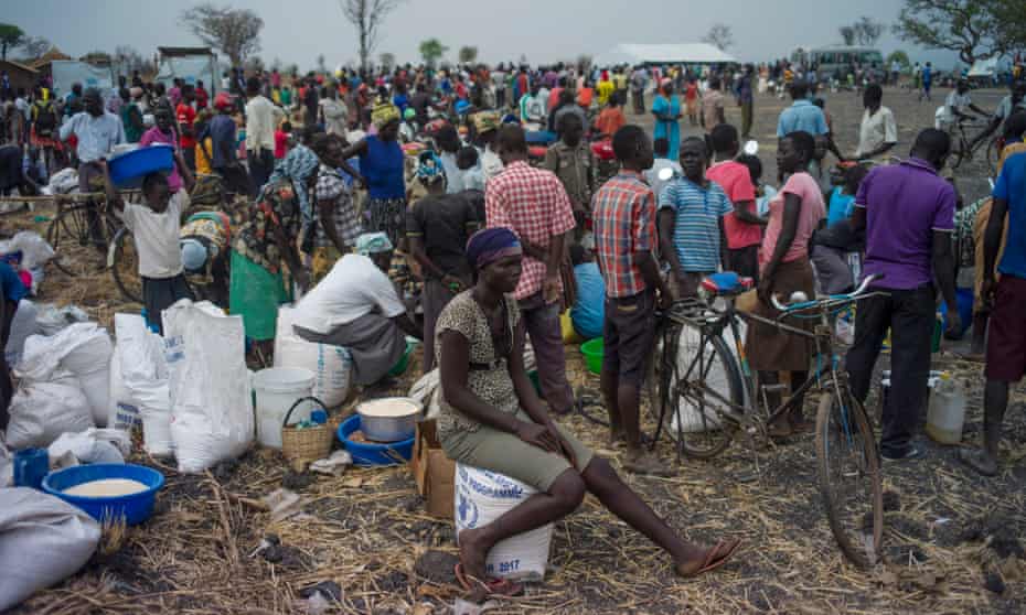 Refugees gather at a settlement in Palorinya, northern Uganda