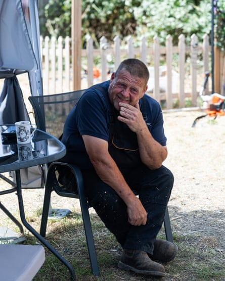 He wells up while sitting in a chair in Anita Thursby’s garden