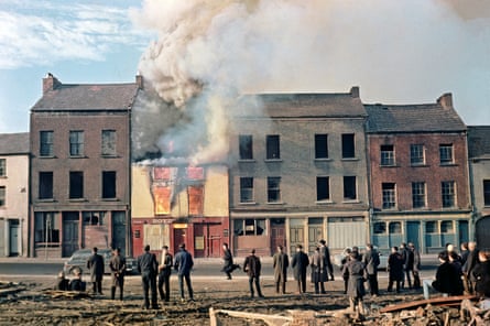 Burning building, Derry, Northern Ireland, c1969.