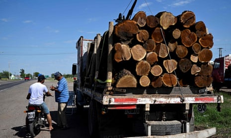 A motorcyclist talks to a worker standing next to a truck loaded with wood logs