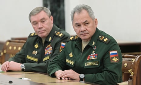Russian chief of the general staff General Valery Gerasimov (L) with defence minister Sergei Shoigu.