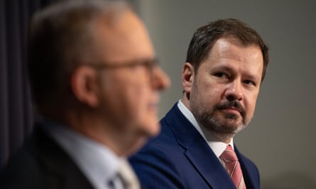 The minister for industry and science, Ed Husic (right), will release a report on the emerging technologies and a discussion paper on how to achieve ‘safe and responsible’ AI on Thursday.