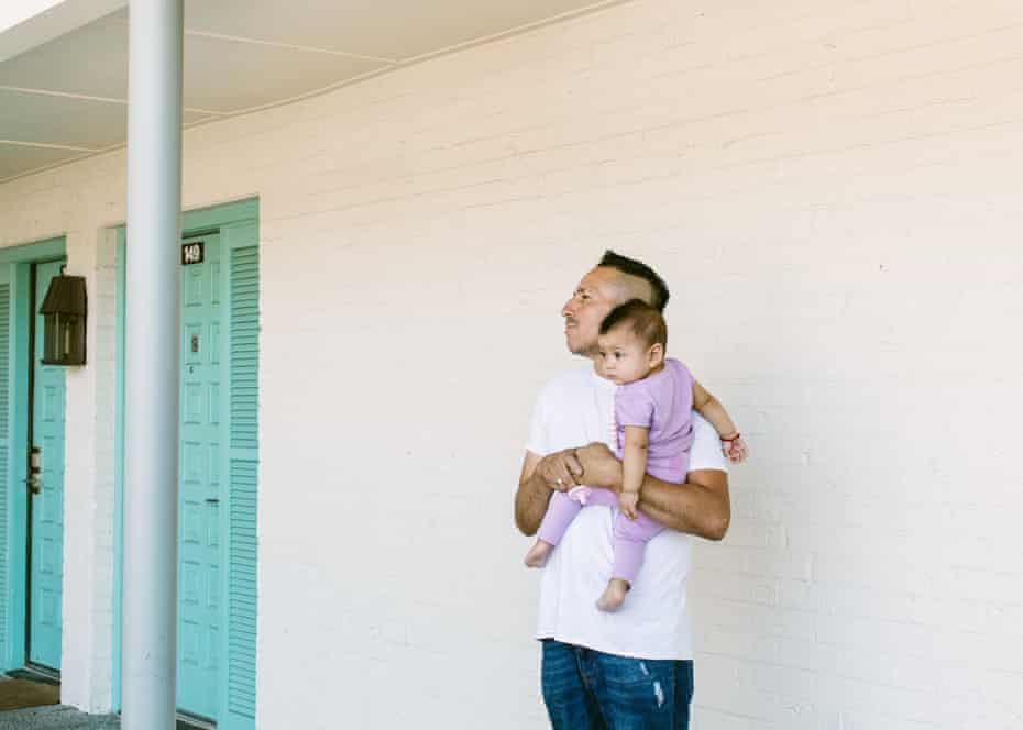 Simón Galvan and his family of five share a single hotel room.