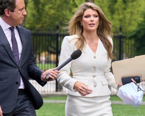 Lindsey Halligan speaks with a reporter outside the White House, 20 August 2025.