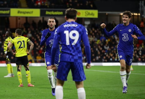 Chelsea’s Hakim Ziyech (centre) goes over to celebrates his goal with Mason Mount.