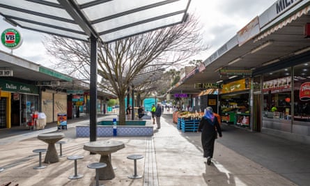 A general view of the quiet shopping precinct in the locked down suburb of Dallas on July 02, 2020 in Melbourne, Australia.