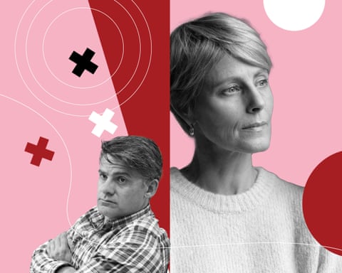 A composite of a man and woman turning in opposite directions (the woman in closeup), both looking pensive.