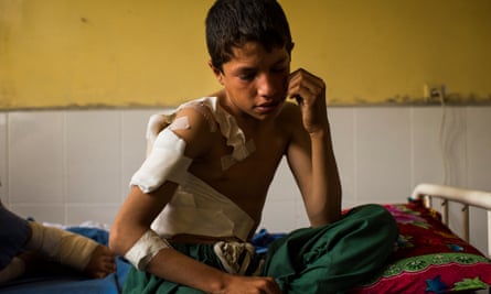 A 12-year-old boy in Jalalabad Hospital after he survived a US drone strike that killed his father. The US military claims it was targeting Isis fighters in Nangarhar province, Afghanistan.