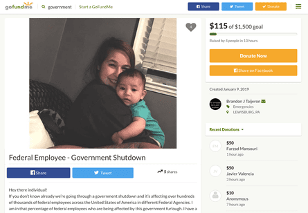 GoFundMe page for Brandon Taijeron, a government worker affected by the shutdown.