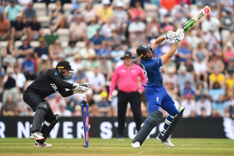 Jos Buttler of England is bowled by Mitchell Santner
