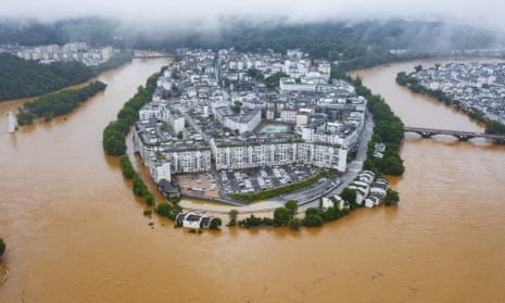 Flooded streets and buildings in Wuyuan