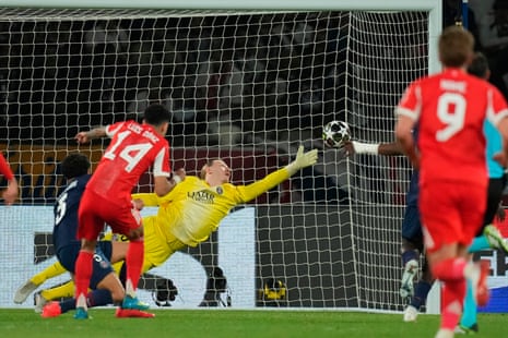 Bayern’s Luis Diaz scores his side’s fourth goal past PSG’s goalkeeper Matvey Safonov.
