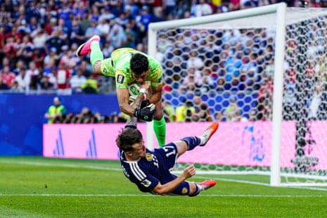 Ben Gannon-Doak challenges the Morocco goalkeeper