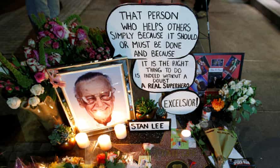 Flowers and mementos on the star of late Marvel Comics co-creator Stan Lee on the Hollywood Walk of Fame.