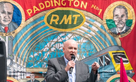 The RMT general secretary, Mick Lynch, speaks at a rally during the rail workers’ strike, outside King’s Cross station, London, on 25 June
