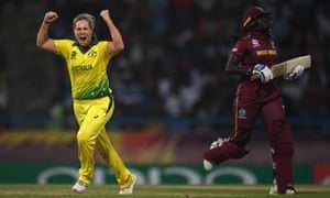 Delissa Kimmince of Australia celebrates after dismissing Stafanie Taylor – the West Indies captain was the only home player to reach double figures.
