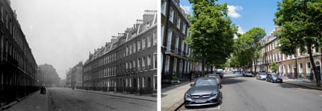 Doughty Street, London, where Charles Dickens lived while writing Oliver Twist; and Doughty Street today.