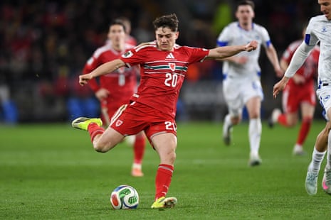 Daniel James of Wales scores a goal from distance