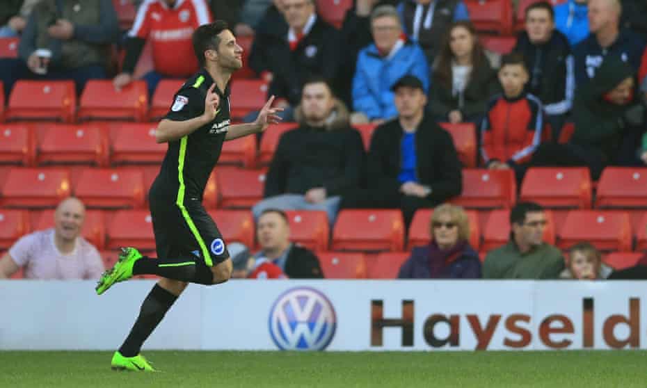 Brighton & Hove Albion’s Sam Baldock celebrates scoring the first of his two goals in his team’s 2-0 victory over Barnsley at Oakwell.
