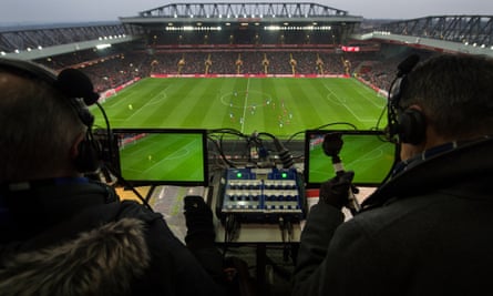 Sky TV commentators Rob Hawthorne and Alan Smith at the Premier League match between Liverpool and Everton at Anfield in December 2017.