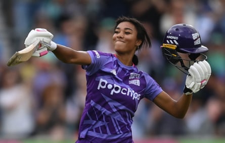 Davina Perrin of Northern Superchargers celebrates reaching her century during the Hundred Eliminator match against London Spirit last August.